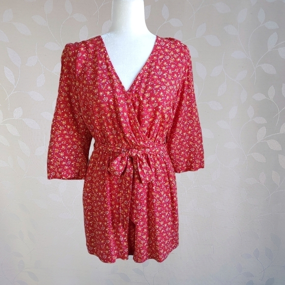 Madewell Floral Romper Shorts Retro V-Neck Tie Waist French Cottage Twee Red 4 - Picture 2 of 16